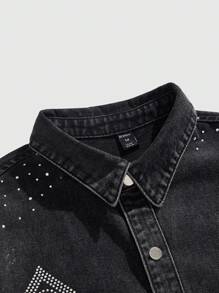 ROMWE MEN Street Life Camisa vaquera de hombre con adornos de rhinestones, de moda para el verano - Negro - Ver 4