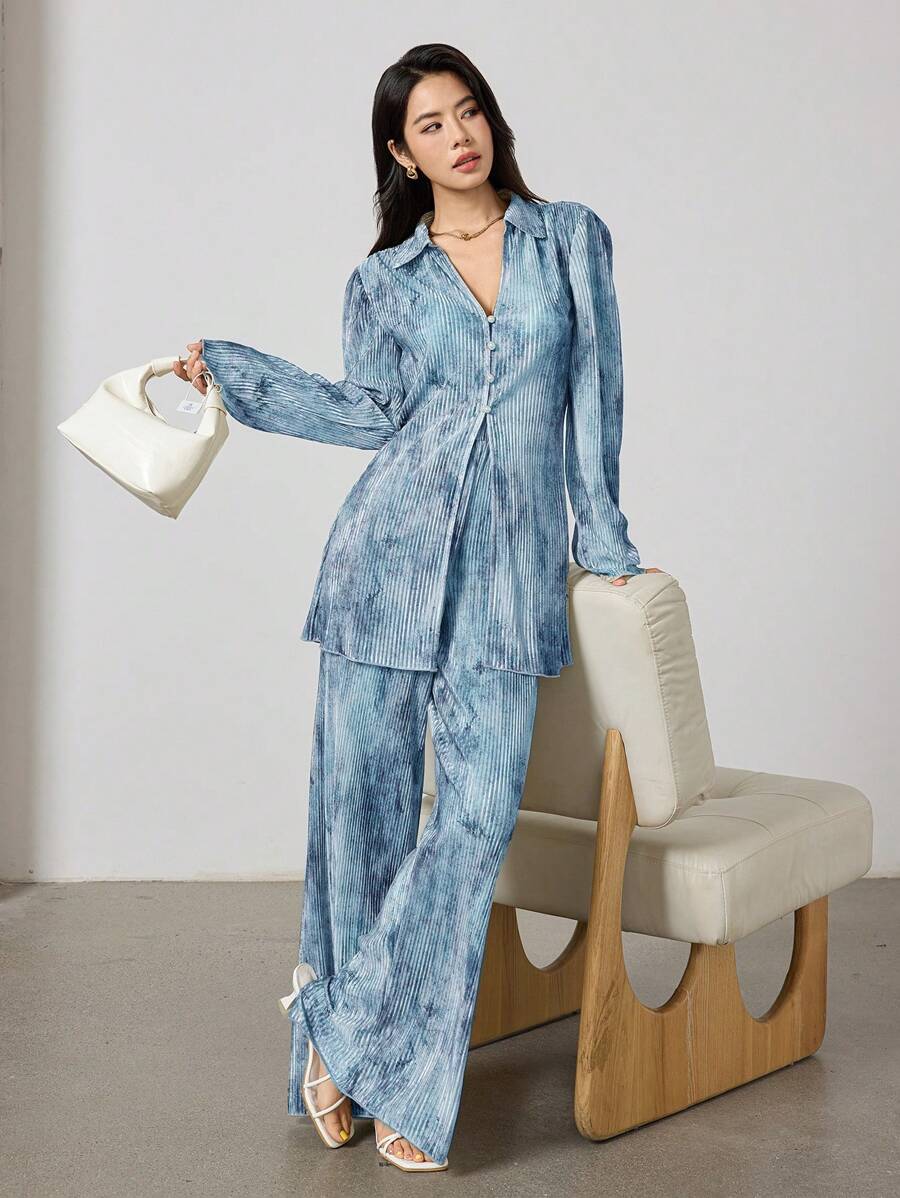 Heiryn مجموعة قميص وبنطلون 2 قطعة للنساء مطبوع بطراز التعتيق الأنيق