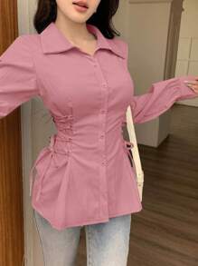 Modelyn 女士纯色长袖休闲抽绳系带衬衫 - 粉色 - 查看 4