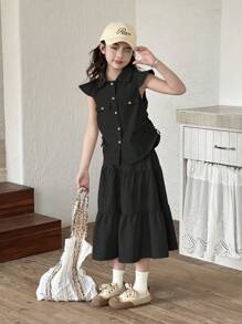 SHEIN Genkimix Kids Conjunto de 2 piezas para niñas con top tipo chaleco elegante y falda con volantes asimétricos en el bajo