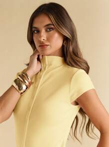 SHEIN BAE 女士秋季纯色立领上衣盖袖单排扣休闲女式上衣，纽扣式女式针织上衣 - 黃色 - 查看 7