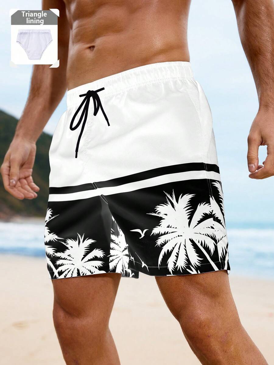 Manfinity Swimmode 男士印花抽绳休闲沙滩短裤 - 黑與白 - 查看 1