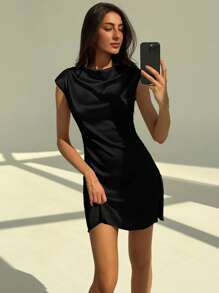 Aloruh Minimalist Office Outfit Stand Collar Tight Fitting Mini Satin Dress For Women - Black - View 6