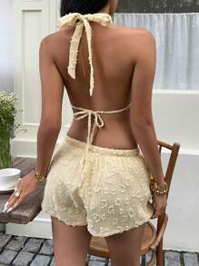 Sunnyshic 2pcs/Set Yellow Jacquard Leopard Halter Backless Crop Top And Low Waist Drawstring Loose Shorts, Beach Resort Vacation Wear