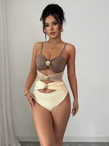 Rafferiza Sexy High Waist Gold Button Hollow Out Slimming Bodysuit - Multicolor - View 7