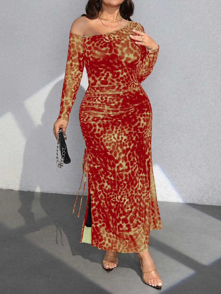 SHEIN Clasi Plus Size Summer Fashion Asymmetrical Neck Leopard Print Dress Fall Cloth For Women - Orange - View 1