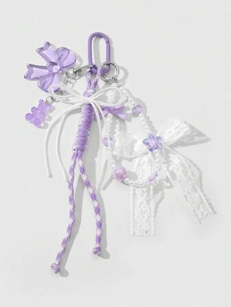 Kawaii 1 pieza Elegante, dulce y versátil Llavero con adorno de perla falsa, corazón, estrella, oso, malla acrílica, lazo de terciopelo y cuerda trenzada, de alta calidad y hecho a mano, adecuado para mujeres, uso diario y regalo de vacaciones