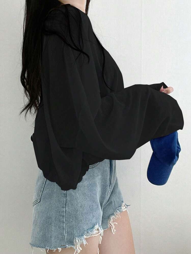Women's Solid Color Loose V-Neck Cropped T-Shirt, Spring/Summer Long Sleeve Women Tops,Fall Women Clothes Cover Ups For Swimwear