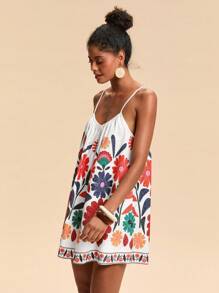 Travachic Woven Floral Print Loose Women's Romper, Printed Woven Long Dress For Women, Simple And Fashion Style, Suitable For Summer, Vacation Style, Woven Graphic Printed, Casual Summer Vacation Outfits Woman, Bohemia Beach Vacation Outfits, Boho Chic, Country Concert Outfit, Holiday Festival Outfits, Beach Outfits For Woman, Summer Outfits For Women, Graduation Outfit, Old Money Style Women, Summer Outfit, Mother's Day, Graduation Outfit, Mother And Daughter Dress - White - View 6
