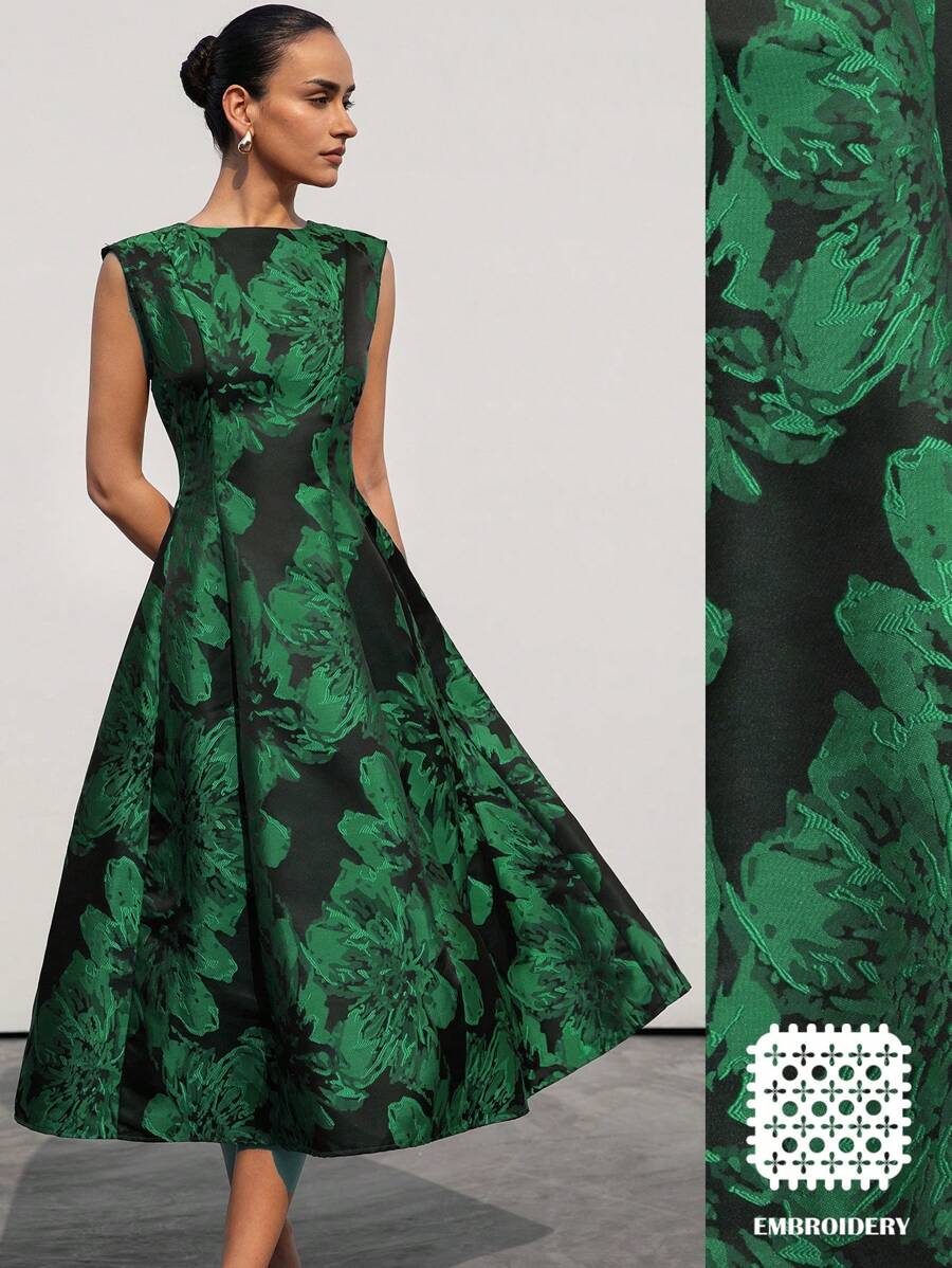 Aveloria Modichic 新款优雅端庄优雅女士连衣裙，精致奢华简约精致提花面料圆领无袖收腰宽喇叭裙连衣裙 - 綠色 - 查看 1