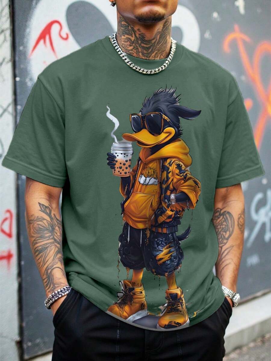 Manfinity Dauomo 男士夏季卡通动物印花圆领短袖休闲T恤，图案T恤