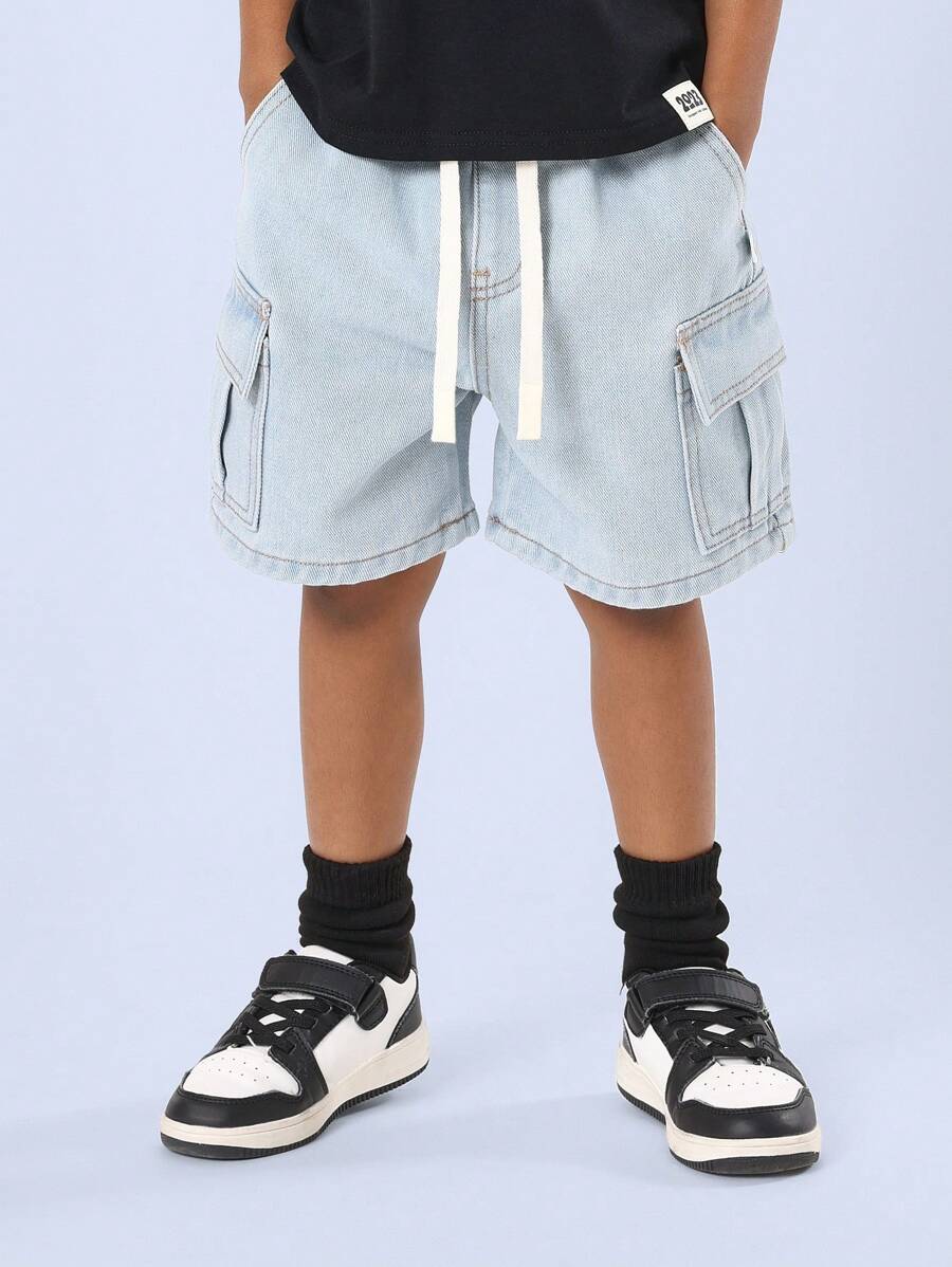 SUMWON Pantaloncini cargo di jeans a tinta unita per ragazzi con vita elastica, casual, estivi, per attività all'aperto e gioco, regolabili con laccetto, moda per bambini - celeste - Visualizzare 1