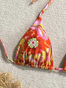 SHEIN 2 件套女士花卉随机印花 V 领露背系带上衣和侧系带三角下装性感泳衣套装，夏季 - 彩色 - 查看 3