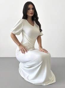 Firerie Damen elegantes, romantisches Qualitätskleid mit V-Ausschnitt, Puffärmeln, Taille mit Raffung und A-Linie Rock, für Cocktailparty, Urlaub und täglich, weiß