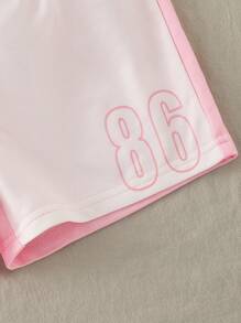 SHEIN Explorewe 2件套女童字母印花宽松休闲T恤和撞色数字印花休闲短裤，2025夏季返校季儿童学院风套装和运动服 - 粉色 - 查看 8