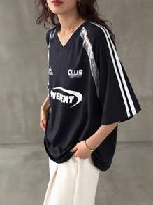 FRIFUL Women's V-Neck Letter Print Lace Splice Contrast Stripe Raglan Sleeve Loose Casual Versatile T-Shirt, Women Beach Wear