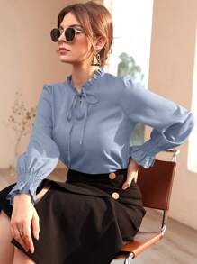 Seusyu Burgundy Red Women's Casual Solid Color Ruffled Sleeve Blouse, Spring And Autumn Fall Cloth For Women - Blue - View 6