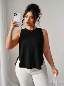 Elenzga 大码女式纯色圆领开衩下摆休闲度假外套背心 - 黑色 - 查看 1