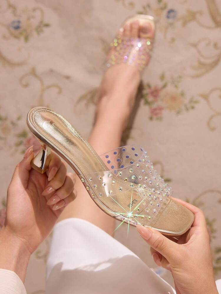 CUCCOO SZL Women's Sexy Transparent Crystal Embellished Gold High Heel Sandals