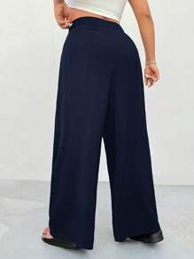 Solflare Plus Size Navy Blue High Waisted Straight Leg Casual Pants, Minimalist & Stylish Office Wear - Navy Blue - View 2