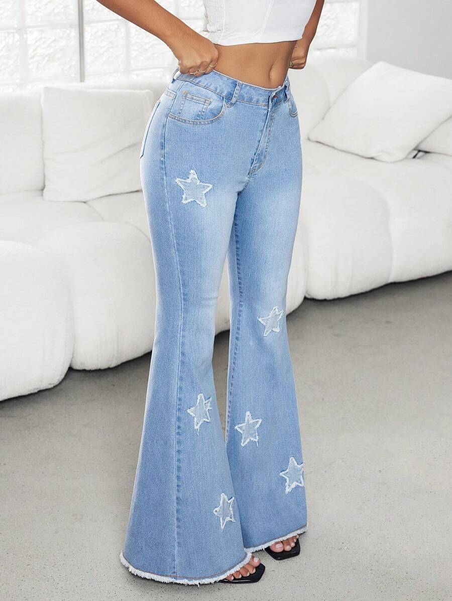 Jeanoix 休闲可爱刺绣女式喇叭牛仔裤