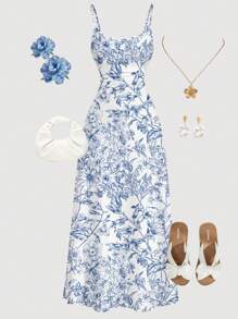 Girlism Rochie maxi Tenn Gir's albastră, cu imprimeu floral, fără mâneci, și talie lejeră, ținută casual de vară pentru vacanță, ținută pentru întoarcerea la școală, drăguță pentru picnic de primăvară în aer liber în familie, ținută de zi cu zi, potrivită pentru diverse ocazii precum vacanțe, festivaluri de muzică, stil boho, întâlniri de sărbători, ceai de după-amiază