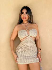 Sirith Sexy Hollow Out Vacation Halter Mini Dress