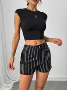 Firerie Women Elegant Commuting, Fashionable, Casual Vacation, Black High-Waist Pocket Super-Mini Shorts, Beach, Airport - Black - View 2