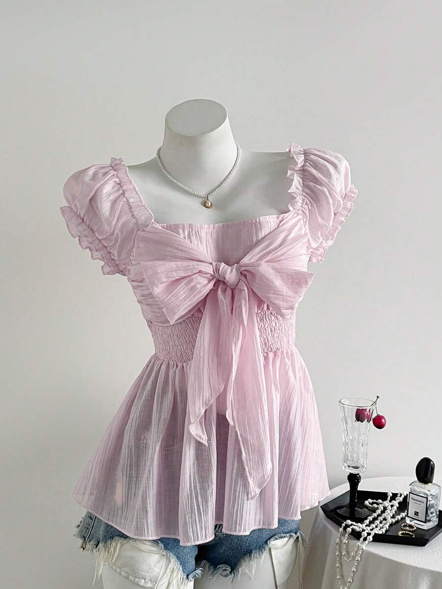 Sweetra 大码女式甜美性感蝴蝶结网纱雪纺短袖上衣，夏季女装，夏季连衣裙，生日女装，夏季女式衬衫 - 淺粉色 - 查看 1