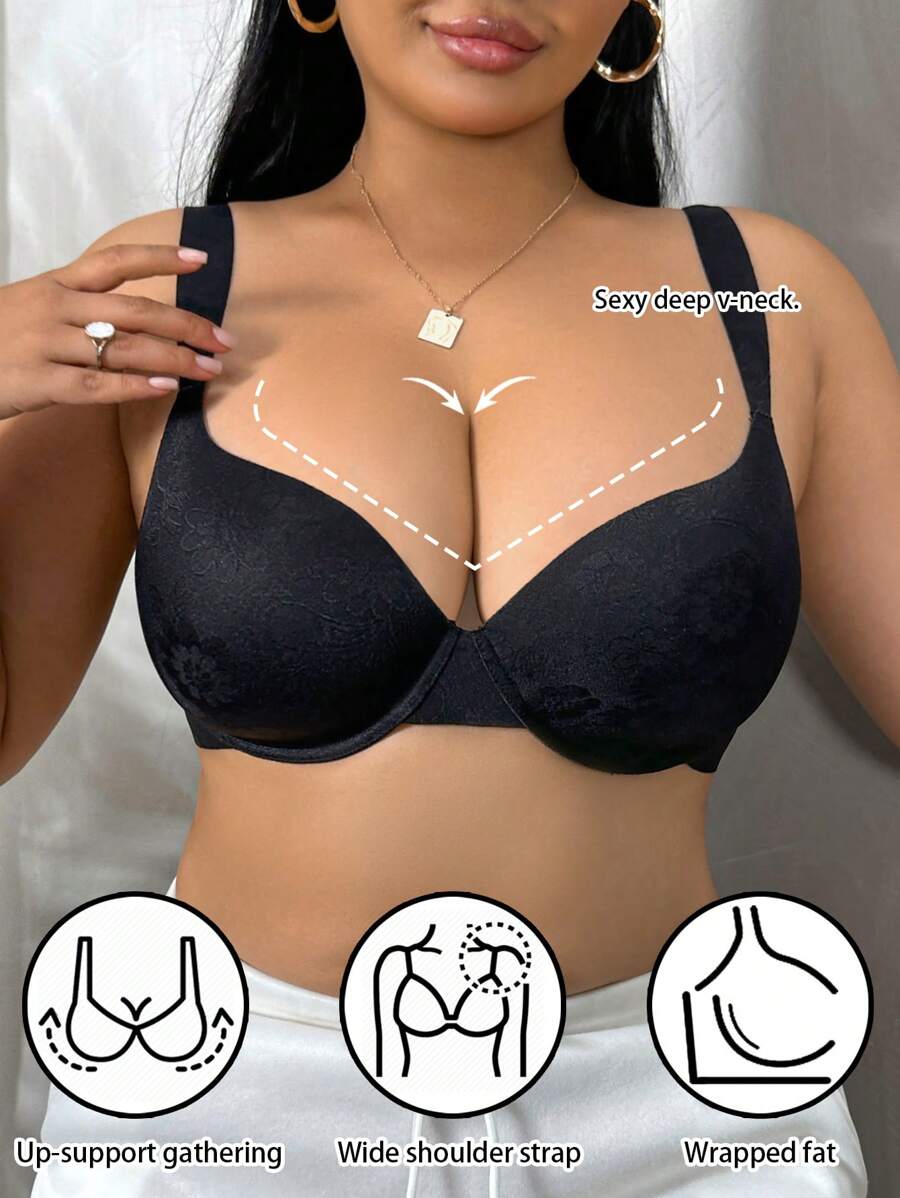 SHEIN 1 Áo ngực không gọng liền mạch cỡ lớn dành cho nữ, nâng ngực - màu đen - Xem 1