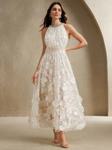 Anewsta Đầm dài thanh lịch cổ chữ V đính hoa 3D mới, eo thắt chặt dành cho nữ, thích hợp cho mùa hè, lễ hội, thanh lịch, ngày lễ, kỳ nghỉ, tiệc tùng, khách dự tiệc cưới - trắng - Xem 4