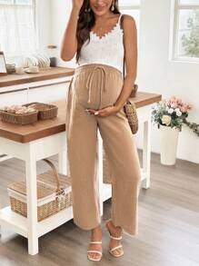 SHEIN 2pcs/Set Pregnant Women Lace Collar Jacquard Camisole Top And Drawstring Waist Elastic Pants - Camel - View 1