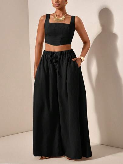 Slaydiva 2件套2025新款春夏度假休闲卡其色人字纹吊带上衣和阔腿裤口袋西装，纹理面料，大码女装套装