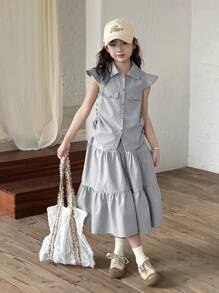 SHEIN 2 件套青少年女童优雅领口无袖衬衫上衣和不对称下摆荷叶边裙套装，灰色女童连衣裙、衬衫和裙子套装，小女孩 2 件套，两件套