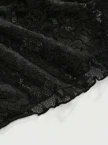 ROMWE Hippie Y2K 嬉皮士撞色蕾丝宽肩 T 恤，带木珠装饰 - 黑色 - 查看 4