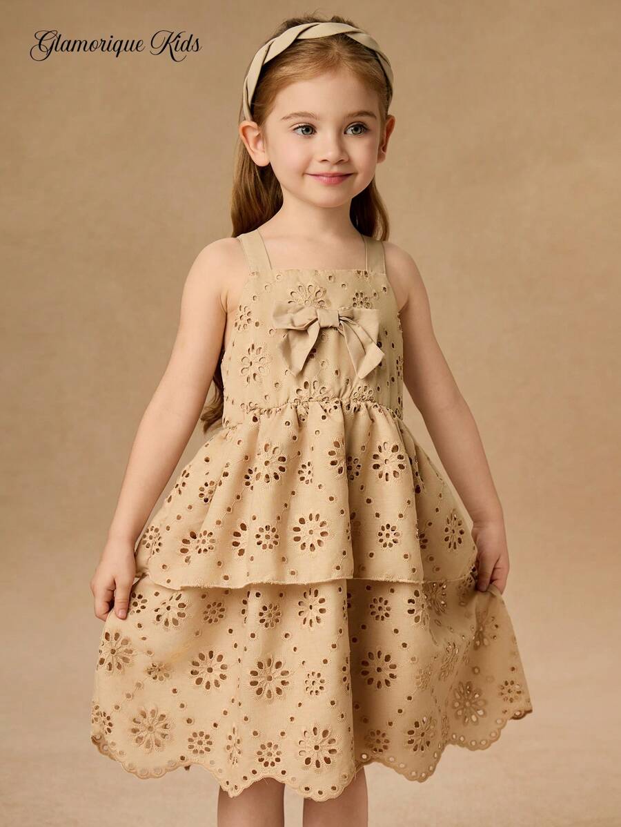Glamorique Kids Girls Summer Embroidery Slip Dress With Blue Butterfly,7th Birthday Young Girl Vacation Floral Ruffle Trim Sundress,Sweet & Fashionable Tan Dresses - Brown - View 1