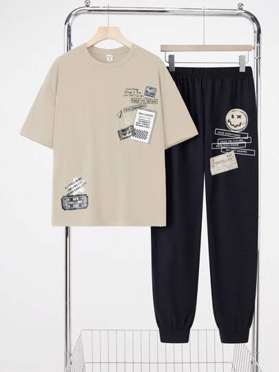 SHEIN 2 件套青少年男童休闲短袖 T 恤和长裤套装，街头朋克摇滚风格，适合日常穿着、派对、音乐节、春夏季