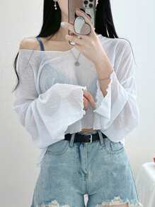 DAZY 女式宽松短款 V 领 T 恤，纯色透明长袖女式上衣，秋季女装短款女式上衣 - 白色 - 查看 6