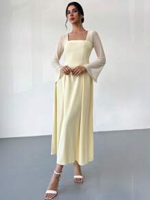 Firerie Women's Elegant Dignified Charming Dress With Square Neck, Mesh Panels, Extra Long Slit Sleeves, A-Line, Yellow Color, Suitable For Banquet, Wedding Guest, Vacation, Graduation Dress, Vacation Outfits Woman - Yellow - View 5
