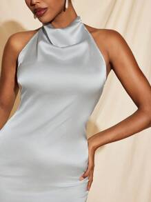NAJILARAQUELDESIGNS Cowl Halter Neck Drape Back Open-Back Mini Satin Dress Women Summer Dress Sexy Wedding Vacation - Grey - View 3