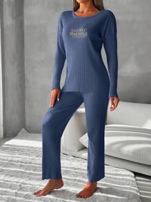 EURMUSE Letter Printed Drop Shoulder Ribbed Knit Homewear Set - Navy Blue - View 4