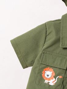 SHEIN 婴幼儿男孩可爱丛林动物印花连帽休闲连体衣，适合日常穿着、郊游、聚会、度假、春夏季 - 軍綠色 - 查看 4
