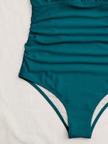 Swim Mod 女式纯色褶饰合身后背系带荷叶边无袖连体衣 - 水鴨藍 - 查看 6