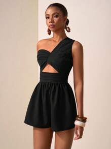 Zivah 2025 Spring/Summer New Arrival Music Festival, Easter, St.Patrick's Day, Western, Nomadic, Birthday Party, Graduation, Campus Style, Student Wear, Daily Casual, Vacation, Cruise Travel, Beach, Sunbathing, Viral Hit, Streetwear, Elegant Green Textured Fabric Ruched One-Shoulder Pleated Waist Wide Leg Jumpsuit/ Cutout Romper/ Black Romper Shorts/ One Shoulder Romper