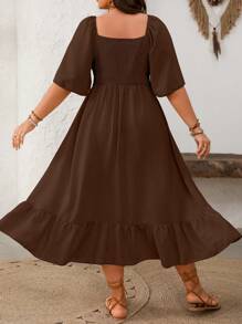 SHEIN Clasi Plus Size Cut-Out Floral Accent Flared Hem Short Sleeve Dress - Coffee Brown - View 2
