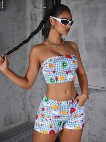 Jeanoix Women's Denim Fruit Print Cropped Bandeau Top