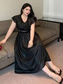 Dazy Plus Solid Color Chiffon Ruffle Collar Decorative Waist Cinched Waist Long Black Short Sleeve Summer Dress