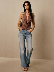 Poéselle Women's Vacation Sexy Sequin Embroidery Backless Halter Top - Brown - View 6