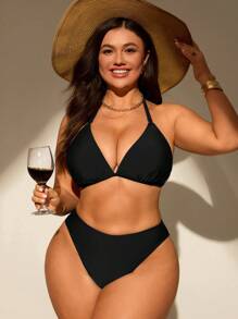 Swim Chiccia 2pcs/Set Plus Size Women Holiday Halter Neck Tie Front Bikini Top And Triangle Bottom Swimsuit High Waisted Swimsuit For Summer Beach Vacation