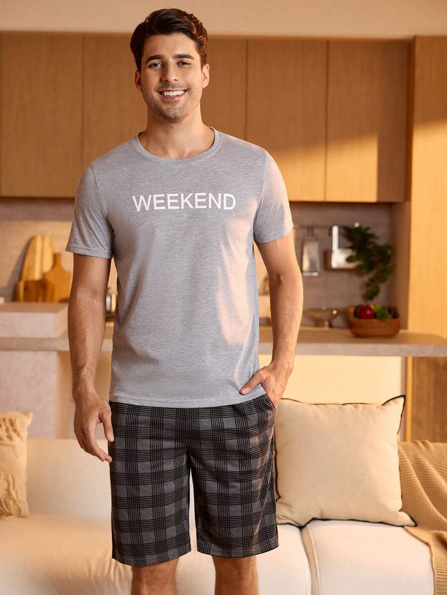 Manfinity Underwear&Sleepwear Basics Men's Letter Print Crew Neck Short Sleeve T-Shirt And Plaid Shorts Pajama Set - Light Grey - View 1